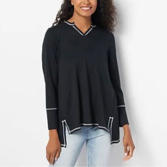 LOGO Lounge by Lori Goldstein Split Neck French Terry Top - Picture 1 of 6